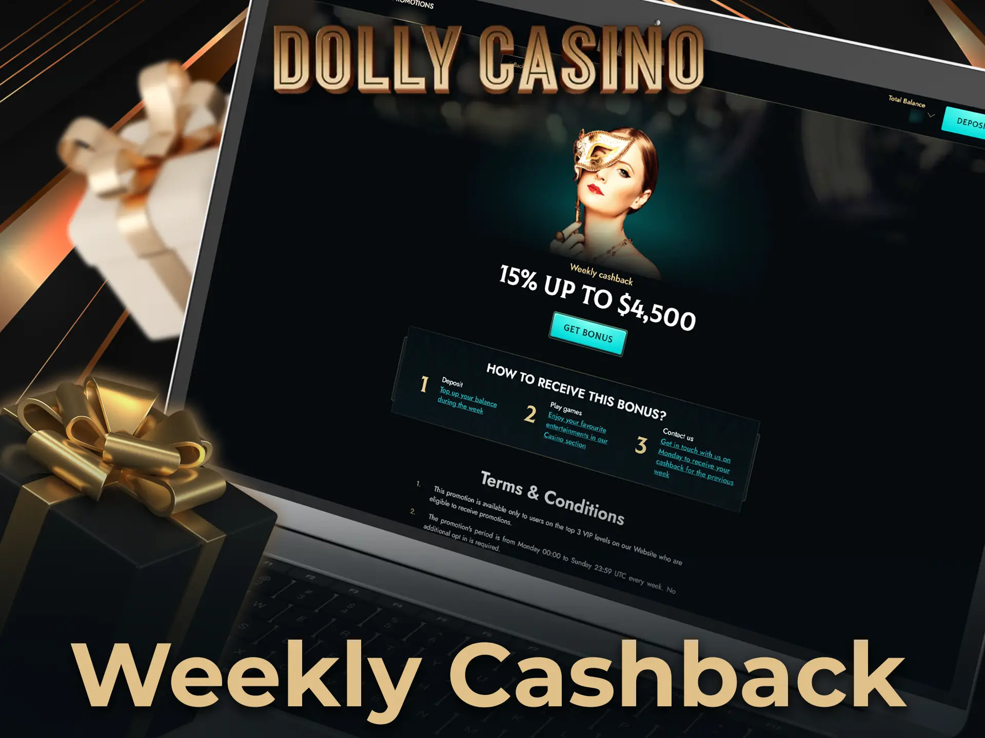 Dolly Casino accumulates cashback for unsuccessful bets in the previous week.