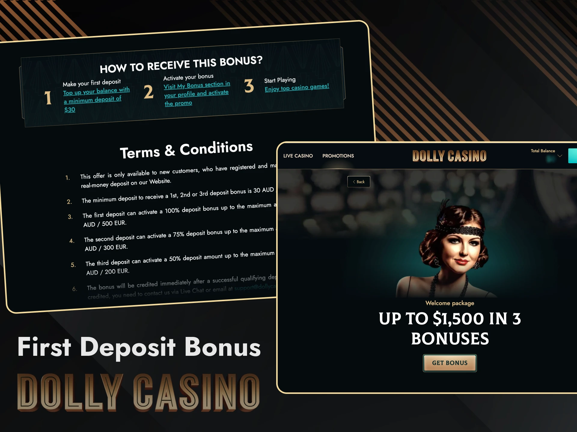 Player receives his first welcome bonus immediately after registering at Dolly Casino.