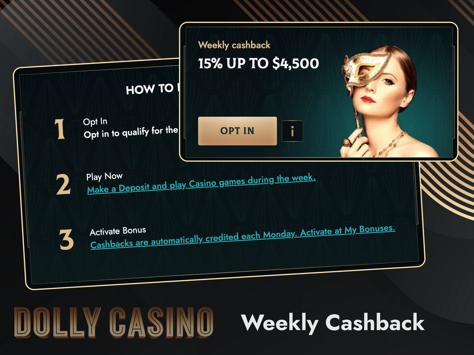 Dolly Casino accumulates cashback for unsuccessful bets in the previous week.